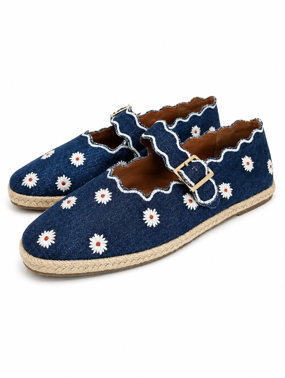Maeve Denim Daisy Embroidered Espadrille Mary Jane Flats, NWT w/ Box, 38